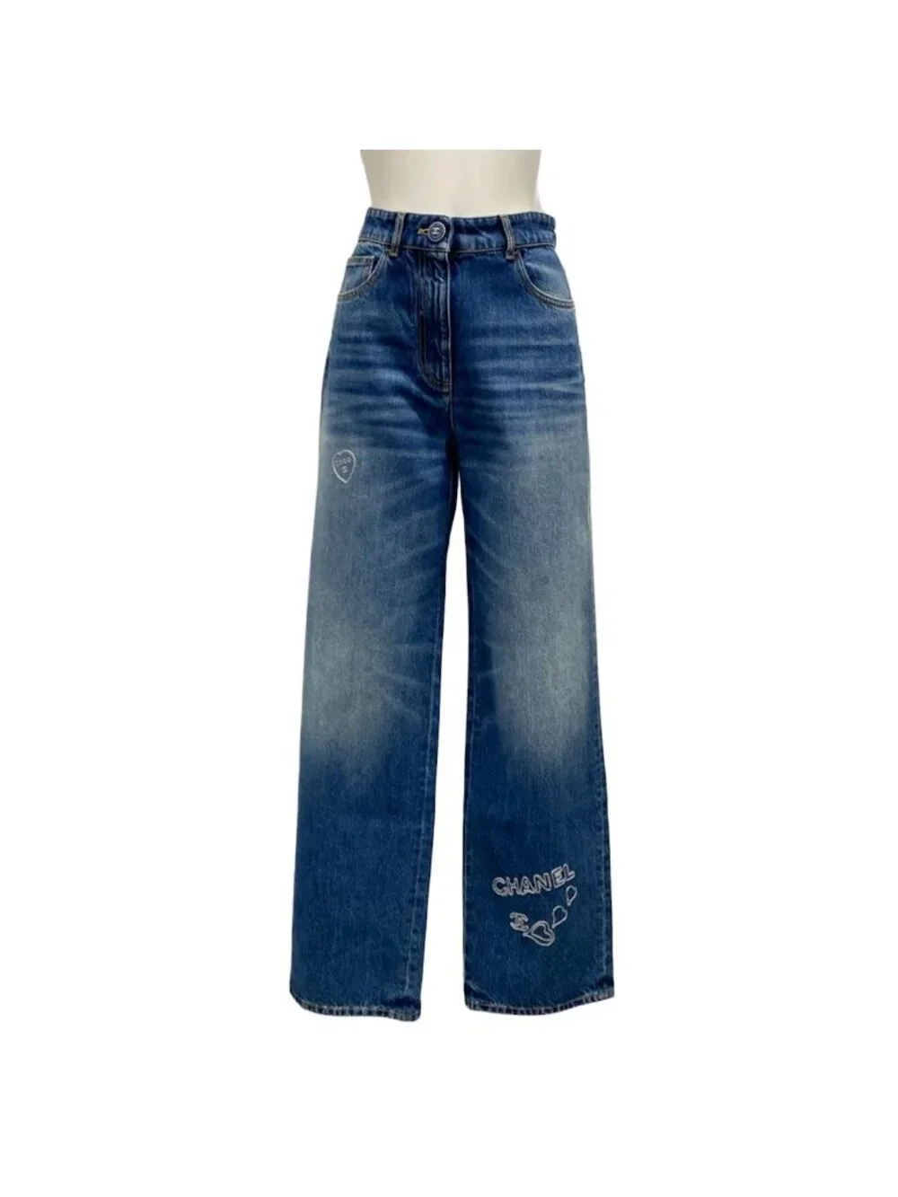 Chanel Jeans 36 S Blue Embroidery Denim Heart Coco Cotton